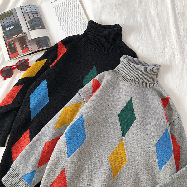 Alkalmi női pulóver fekete és szürke színben, magas gallérral