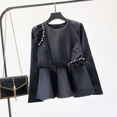 Elegáns női blúz O-nyakkal és gyöngyökkel, fehér és fekete színben