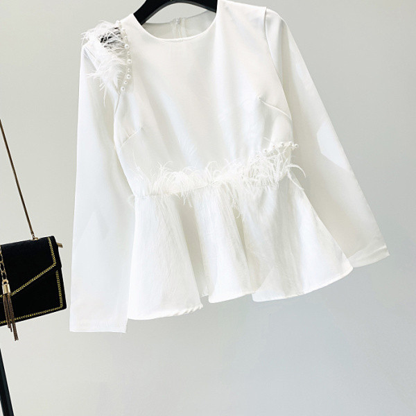 Elegáns női blúz O-nyakkal és gyöngyökkel, fehér és fekete színben