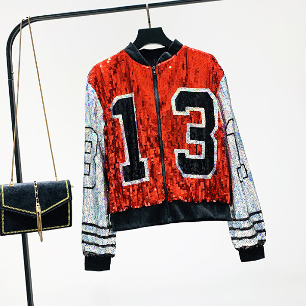 Női pulóver flitterekkel és cipzárral piros és fekete színben