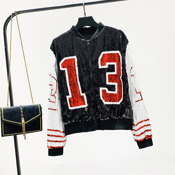 Női pulóver flitterekkel és cipzárral piros és fekete színben