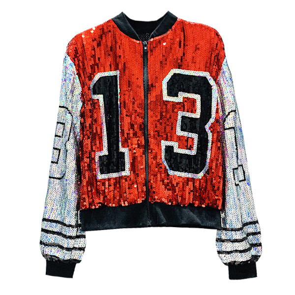 Női pulóver flitterekkel és cipzárral piros és fekete színben