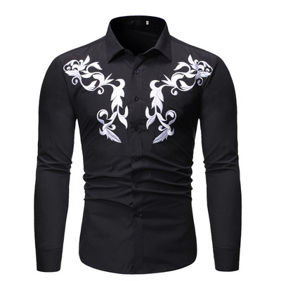 Модерна мъжка риза с бродерия и класическа яка в бял и черен цвят
