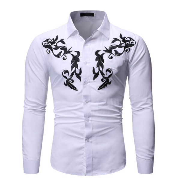 Modern férfi ing hímzéssel és klasszikus gallérral fehér és fekete színben