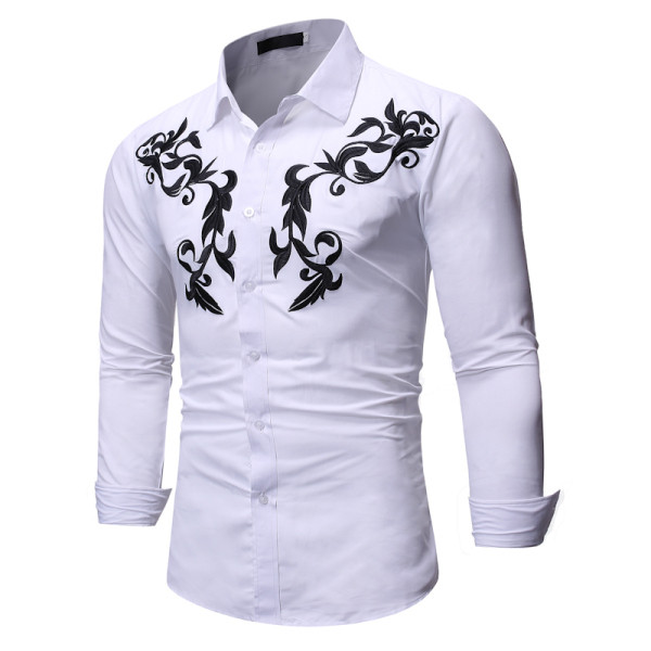 Modern férfi ing hímzéssel és klasszikus gallérral fehér és fekete színben