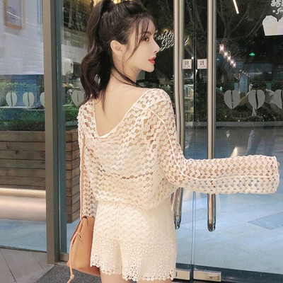 Bluza de dama transparenta din dantela de culoare bej