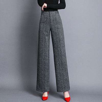 Kockás női nadrág széles modell magas derékkal és zsebekkel