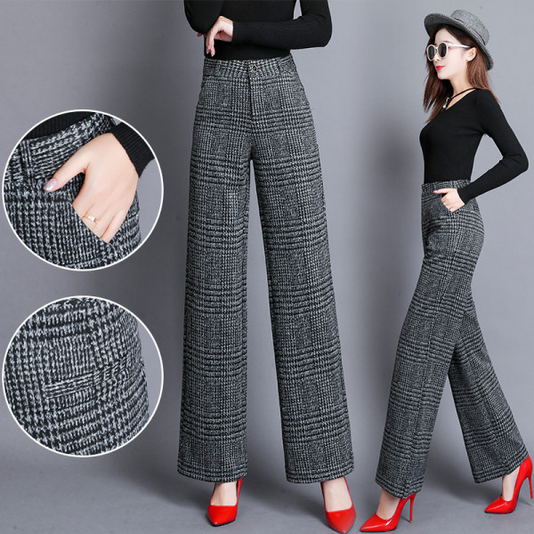 Kockás női nadrág széles modell magas derékkal és zsebekkel