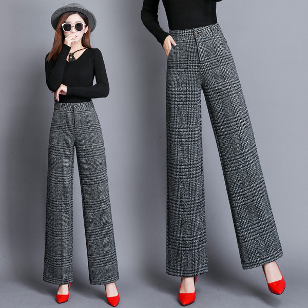 Kockás női nadrág széles modell magas derékkal és zsebekkel