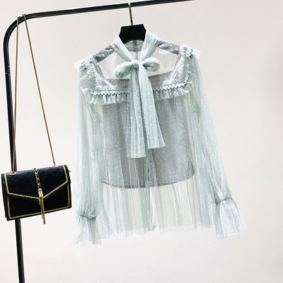 Új modell női ing szalaggal és tüllgombokkal