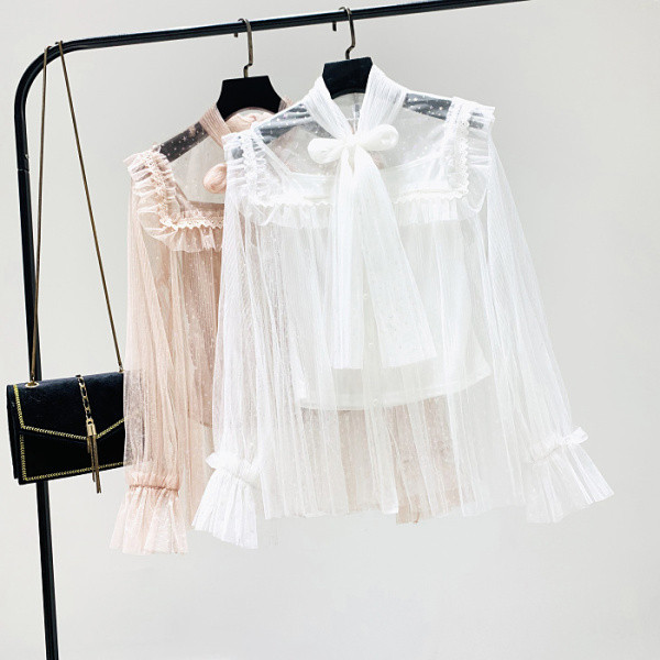 Új modell női ing szalaggal és tüllgombokkal