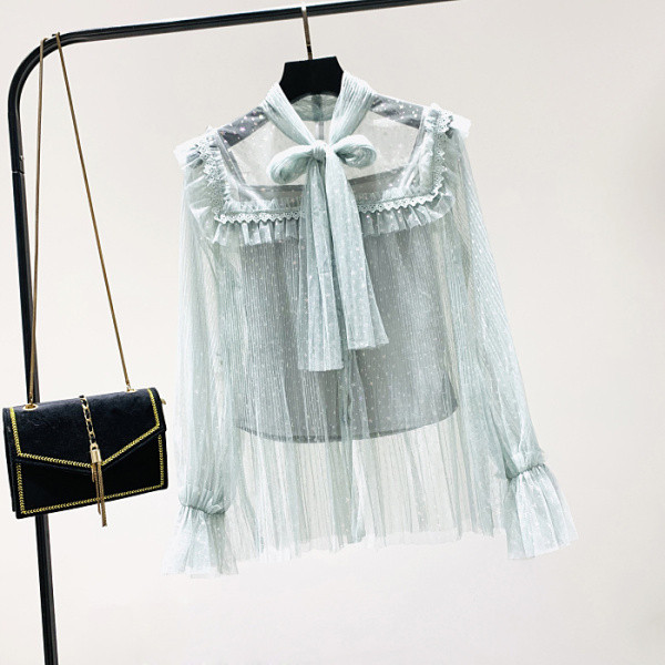 Új modell női ing szalaggal és tüllgombokkal