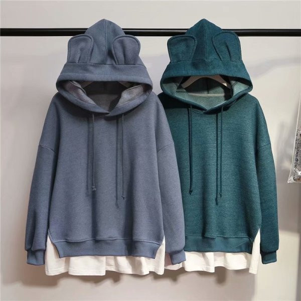 Καθημερινό  γυναικεία φούτερ με κουκούλα και κορδόνια σε μπλε και πράσινο χρώμα