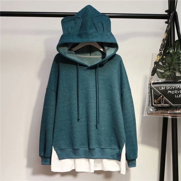 Καθημερινό  γυναικεία φούτερ με κουκούλα και κορδόνια σε μπλε και πράσινο χρώμα