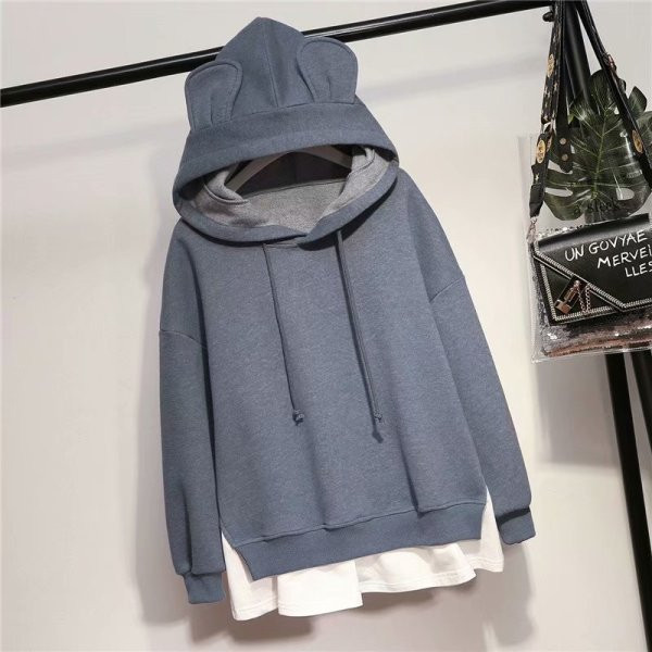 Καθημερινό  γυναικεία φούτερ με κουκούλα και κορδόνια σε μπλε και πράσινο χρώμα