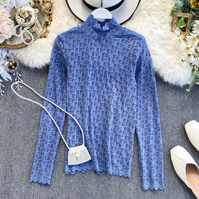 Női csipkeblúz magas gallérral, rózsaszín, kék, fekete, fehér és bézs színben