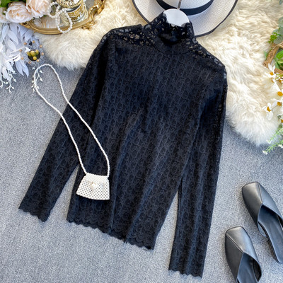 Női csipkeblúz magas gallérral, rózsaszín, kék, fekete, fehér és bézs színben