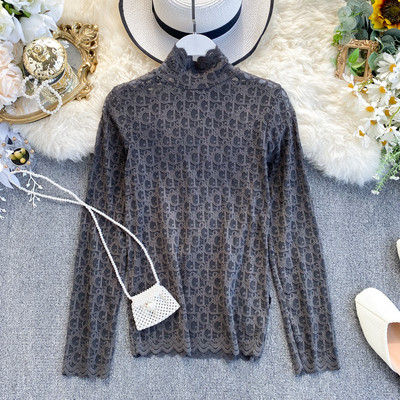 Női csipkeblúz magas gallérral, rózsaszín, kék, fekete, fehér és bézs színben