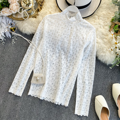 Női csipkeblúz magas gallérral, rózsaszín, kék, fekete, fehér és bézs színben