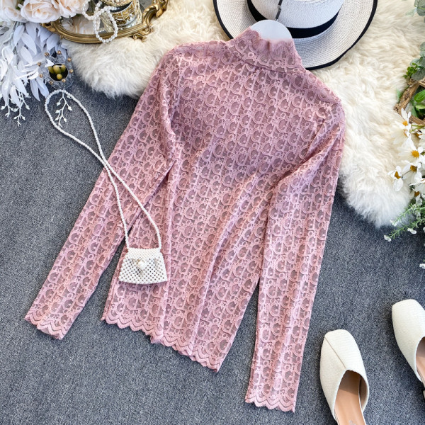 Női csipkeblúz magas gallérral, rózsaszín, kék, fekete, fehér és bézs színben