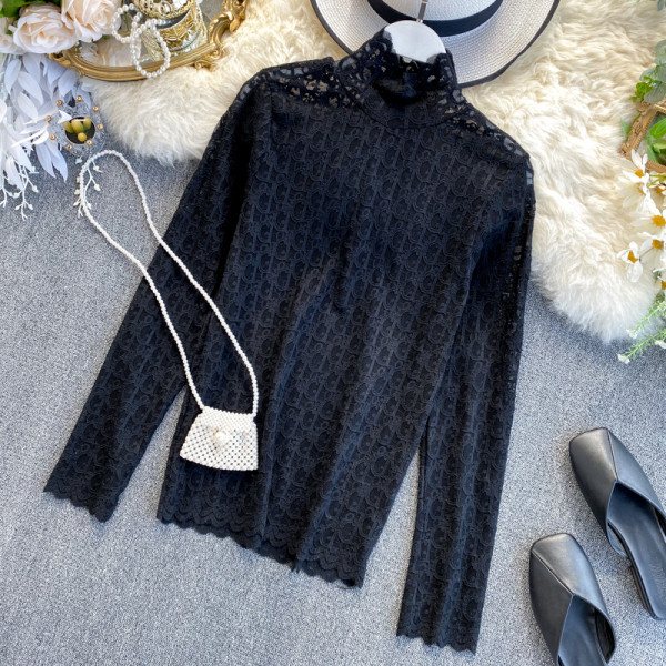 Női csipkeblúz magas gallérral, rózsaszín, kék, fekete, fehér és bézs színben