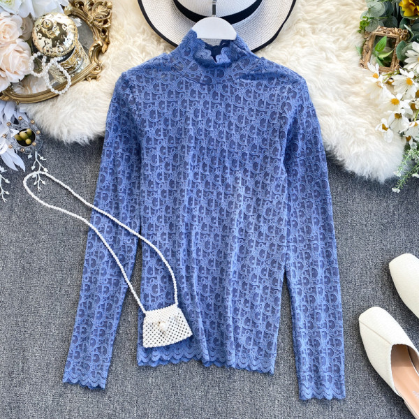 Női csipkeblúz magas gallérral, rózsaszín, kék, fekete, fehér és bézs színben