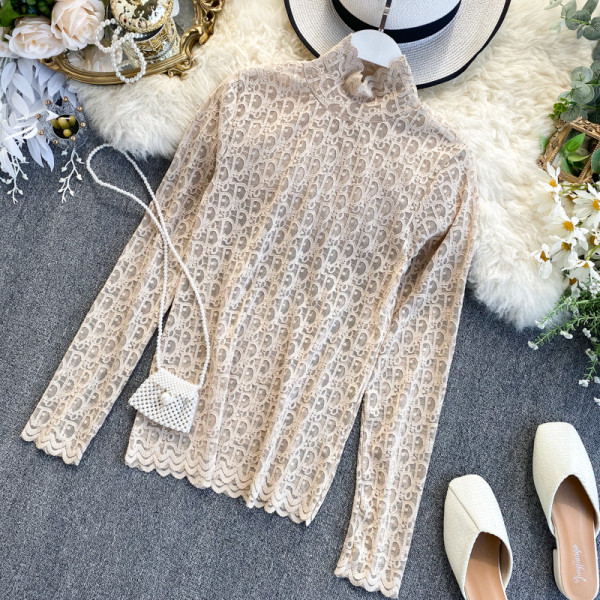 Női csipkeblúz magas gallérral, rózsaszín, kék, fekete, fehér és bézs színben