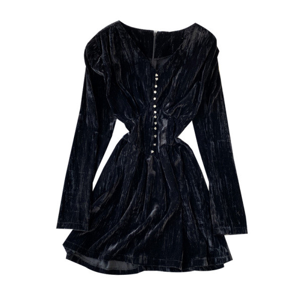 Stílusos női ruha bársonyból, hosszú ujjú kék és fekete színben