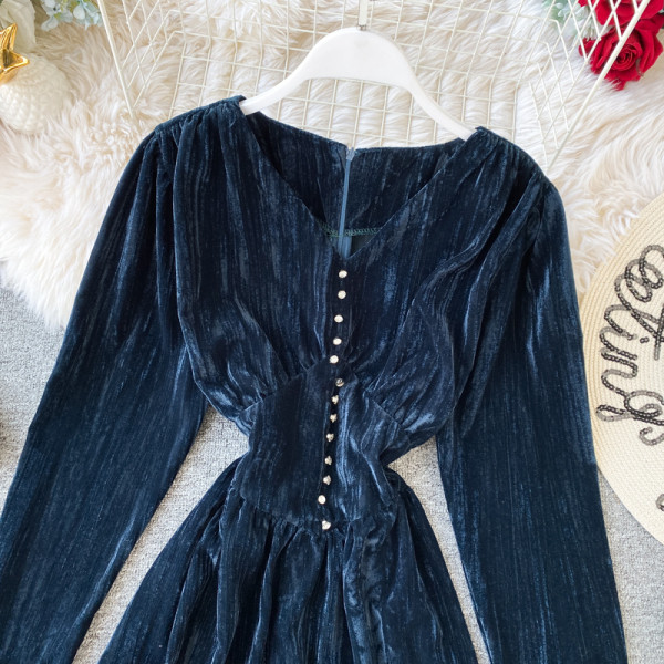 Stílusos női ruha bársonyból, hosszú ujjú kék és fekete színben