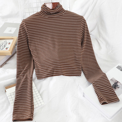 Csíkos női blúz magas gallérral és hosszú ujjú négy színben