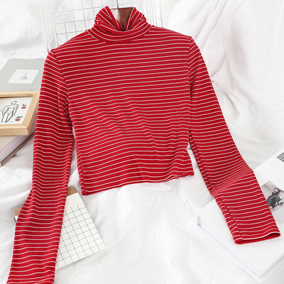 Csíkos női blúz magas gallérral és hosszú ujjú négy színben