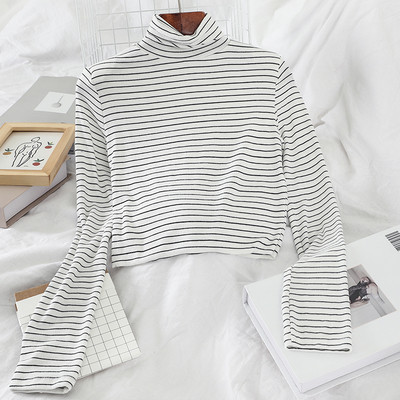 Csíkos női blúz magas gallérral és hosszú ujjú négy színben