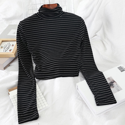 Csíkos női blúz magas gallérral és hosszú ujjú négy színben