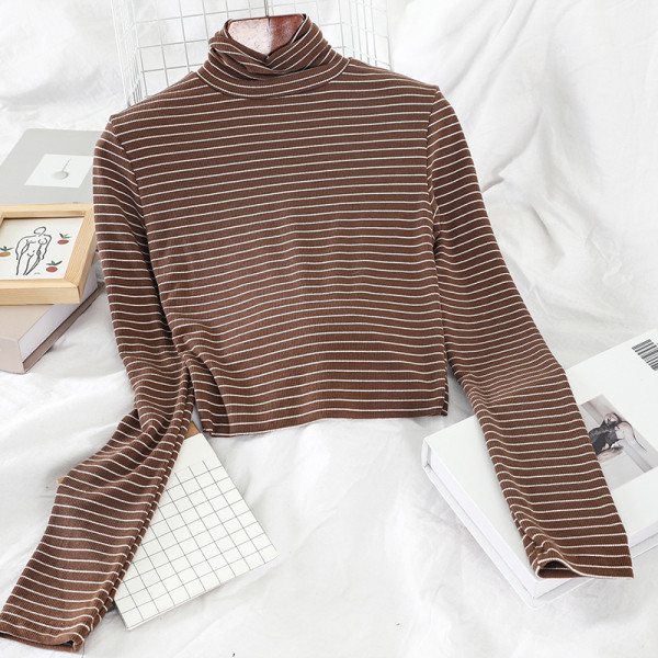 Csíkos női blúz magas gallérral és hosszú ujjú négy színben