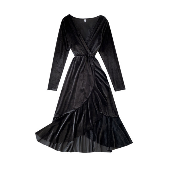 Modern női ruha aszimmetrikus modell, spitz nyakkivágással kék és fekete színben