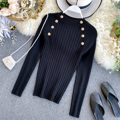 Μοντέρνο γυναικείο πουλόβερ Slim με κουμπιά σε ροζ και μαύρο χρώμα