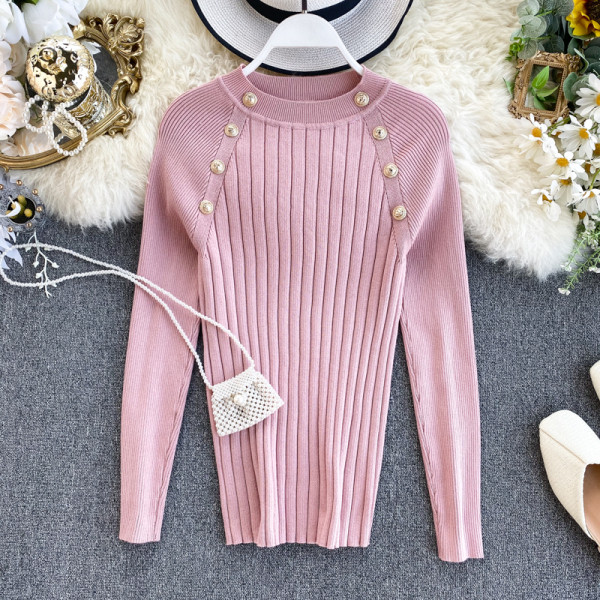 Μοντέρνο γυναικείο πουλόβερ Slim με κουμπιά σε ροζ και μαύρο χρώμα