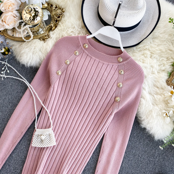 Μοντέρνο γυναικείο πουλόβερ Slim με κουμπιά σε ροζ και μαύρο χρώμα