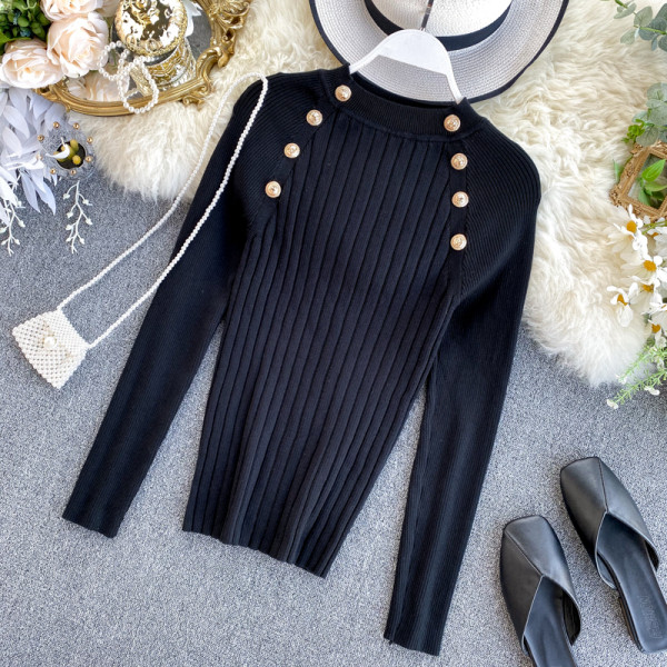 Μοντέρνο γυναικείο πουλόβερ Slim με κουμπιά σε ροζ και μαύρο χρώμα