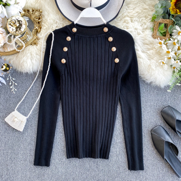 Μοντέρνο γυναικείο πουλόβερ Slim με κουμπιά σε ροζ και μαύρο χρώμα