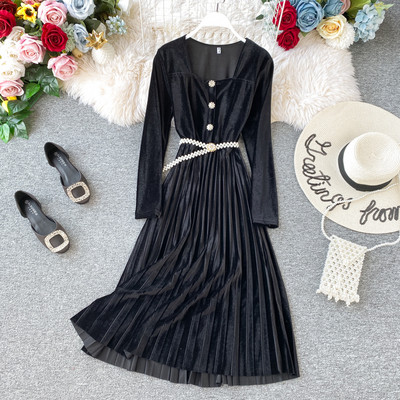 Modern női bársony ruha gombokkal és övvel több színben