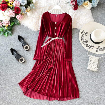 Modern női bársony ruha gombokkal és övvel több színben