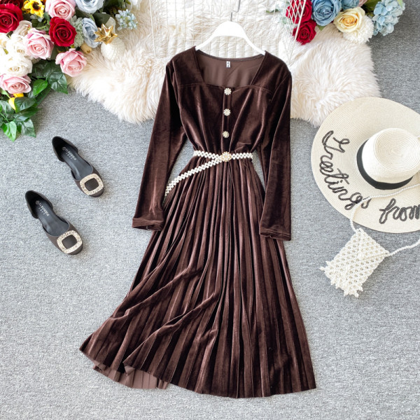 Modern női bársony ruha gombokkal és övvel több színben