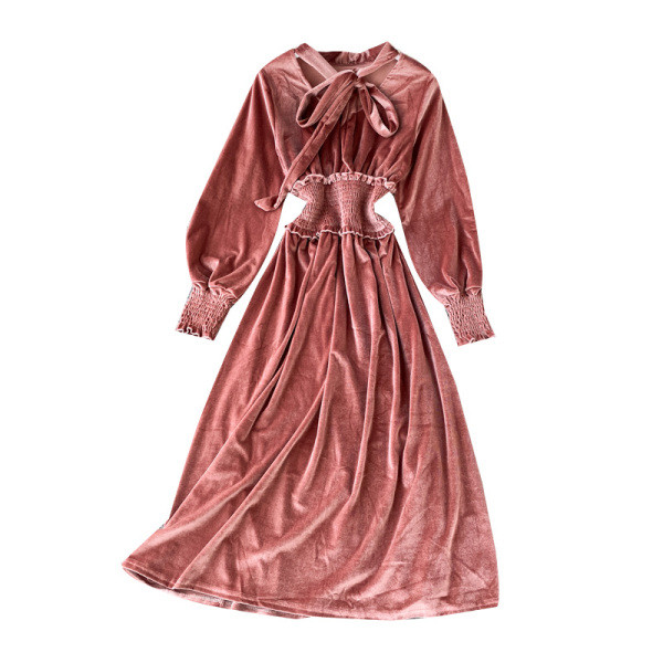 Modern női ruha gumírozott derékkal és nyakkendővel, négy színben