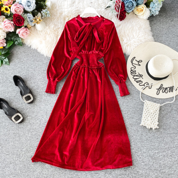 Modern női ruha gumírozott derékkal és nyakkendővel, négy színben