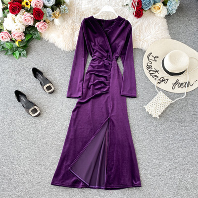 Γυναικείο φόρεμα από βελούδο με σχίσιμο και μακριά μανίκια σε διάφορα χρώματα