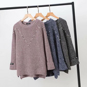 Μοντέρνο γυναικείο πλεκτό πουλόβερ με O-λαιμόκοψη και πέρλες σε μοβ, μπλε και γκρι χρώμα