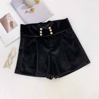 Зимни дамски панталони от кадифе с висока талия и копчета в черен цвят