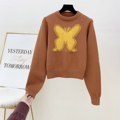 Γυναικείο πουλόβερ με πεταλούδα σε μοβ και καφέ χρώμα