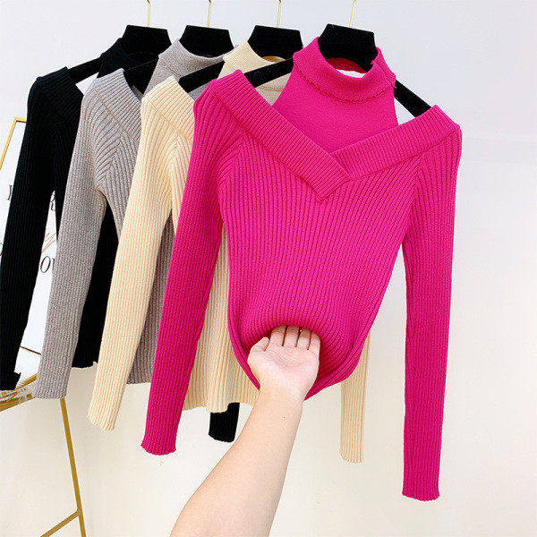 Női pulóver polo gallérral és kivágásokkal ciklámen, bézs, szürke és fekete színben